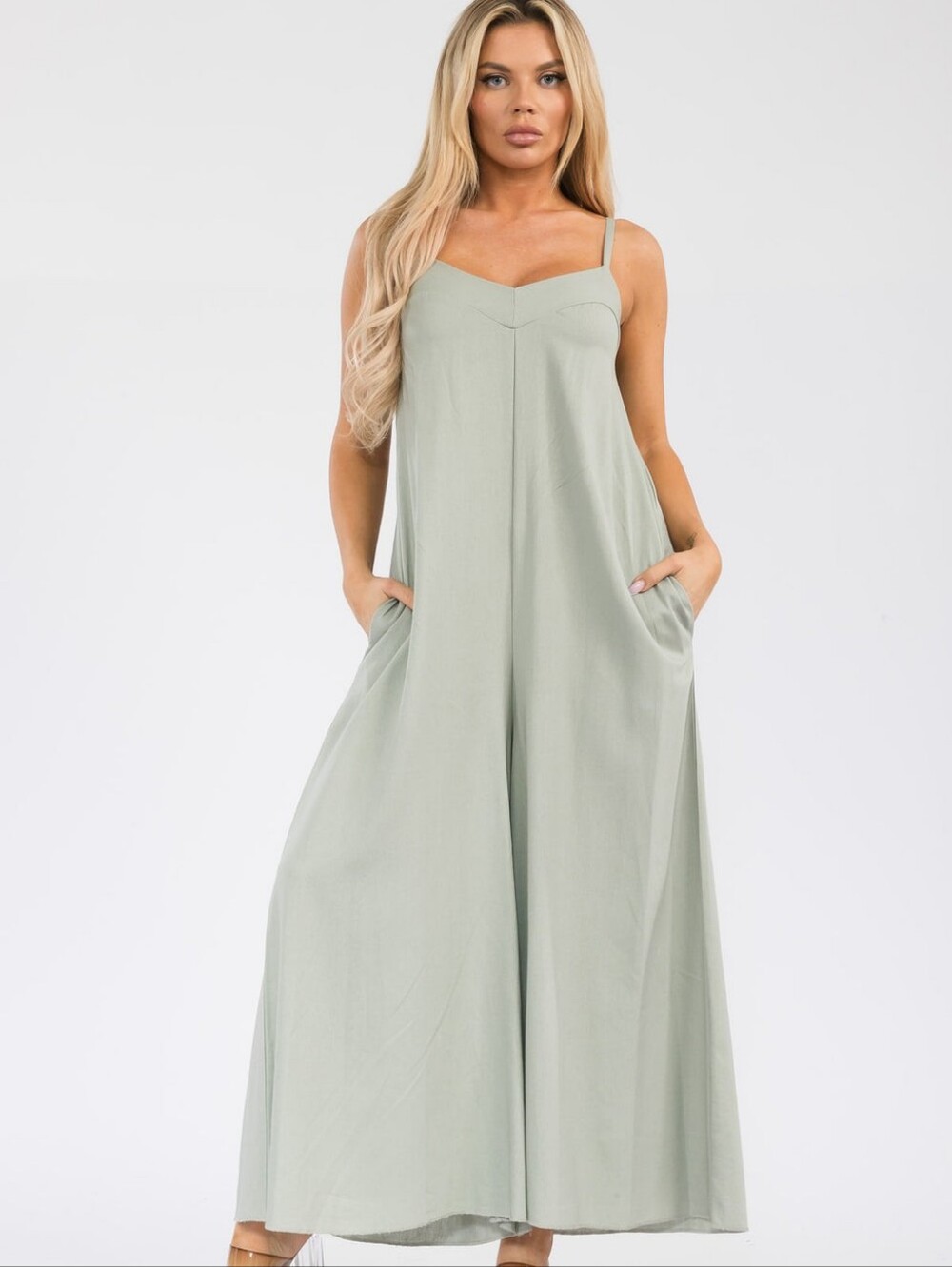Plus Sage Wide Leg Sleeveless Jumpsuit with Pockets